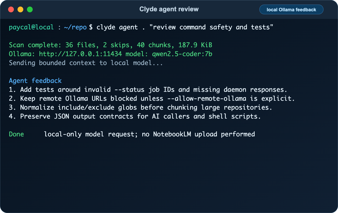 Clyde agent command scanning repository context and requesting local model feedback