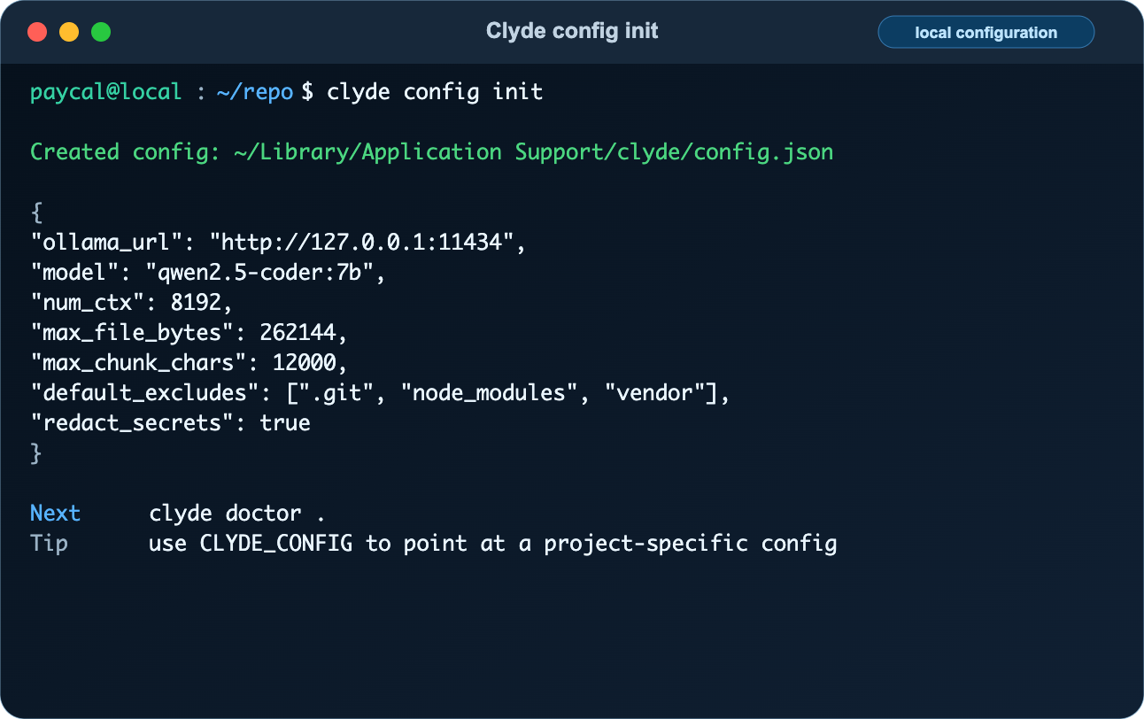 Clyde config init command writing the default local configuration file