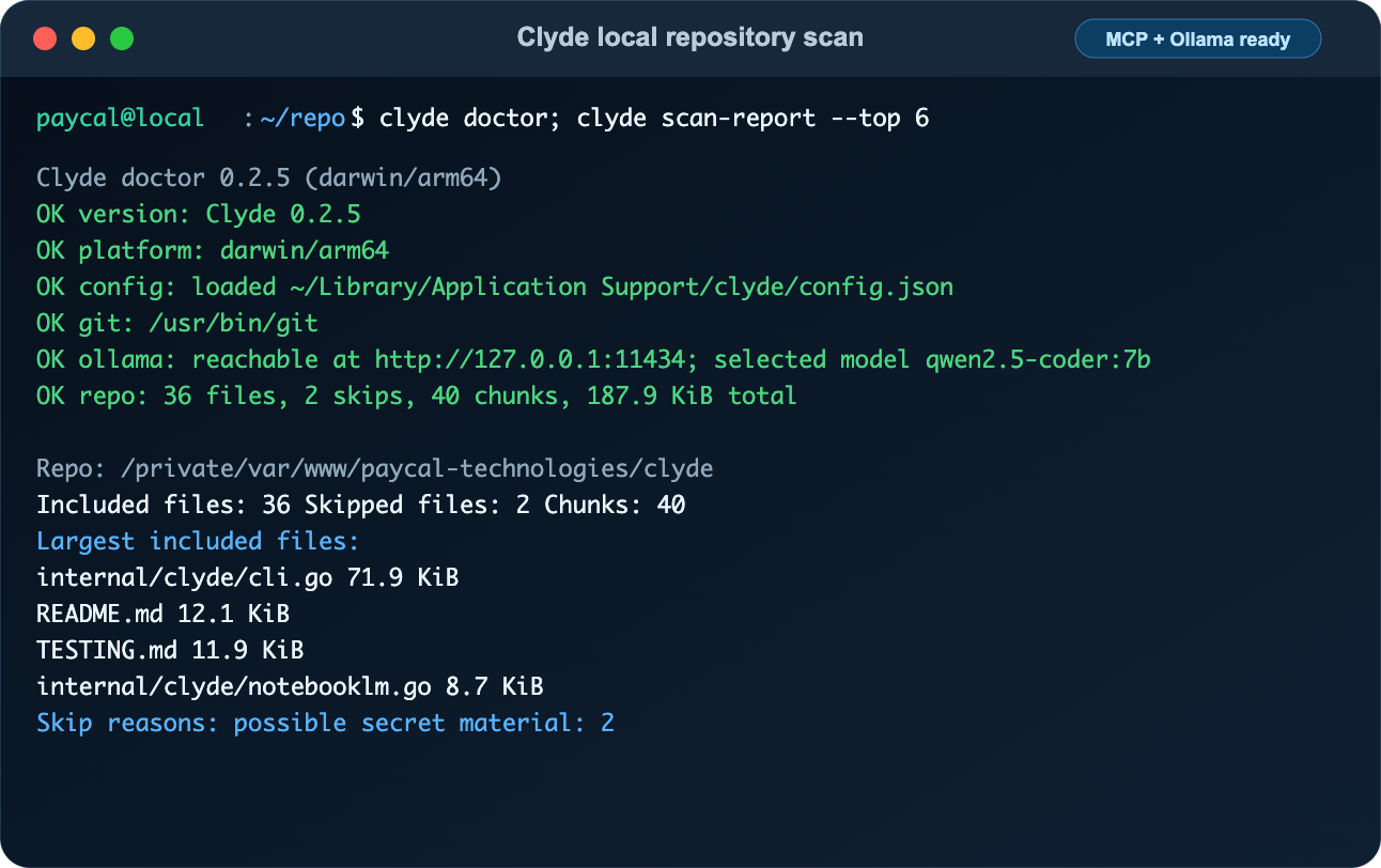 Clyde terminal showing doctor diagnostics and repository scan report output