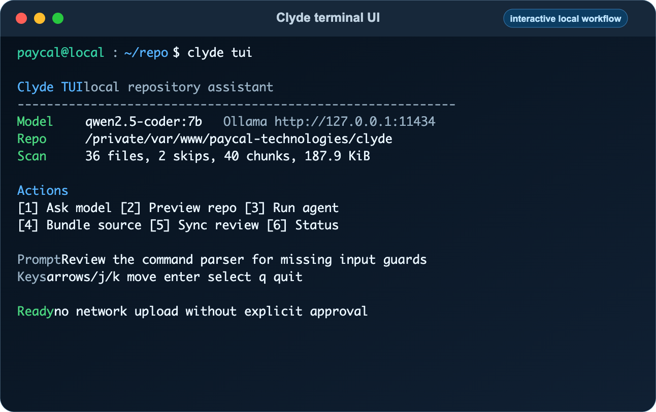 Clyde terminal UI showing model selection, repository preview, agent, and status actions