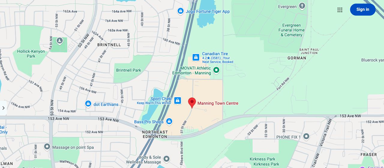Google Maps reference showing Manning Town Centre, Manning Drive and 153 Avenue in northeast Edmonton
