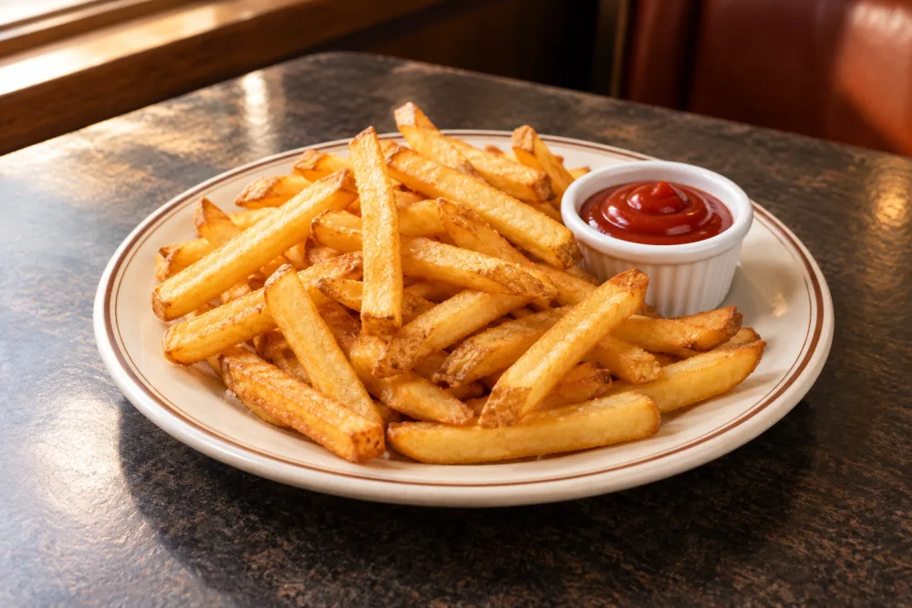 Golden french fries with a side of ketchup.