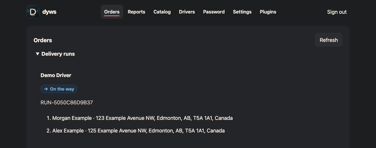 An active delivery run with two ordered fictional stops.