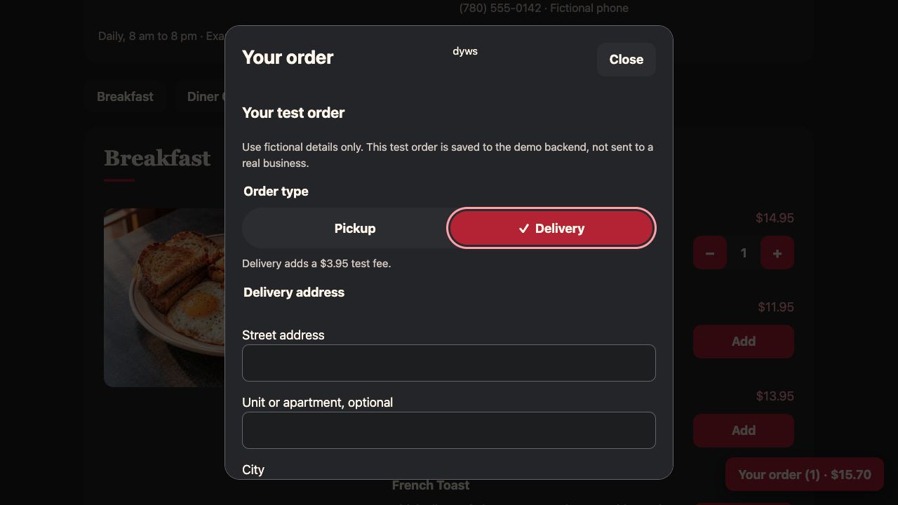 Checkout with a Pickup and Delivery pill selector and delivery address fields.
