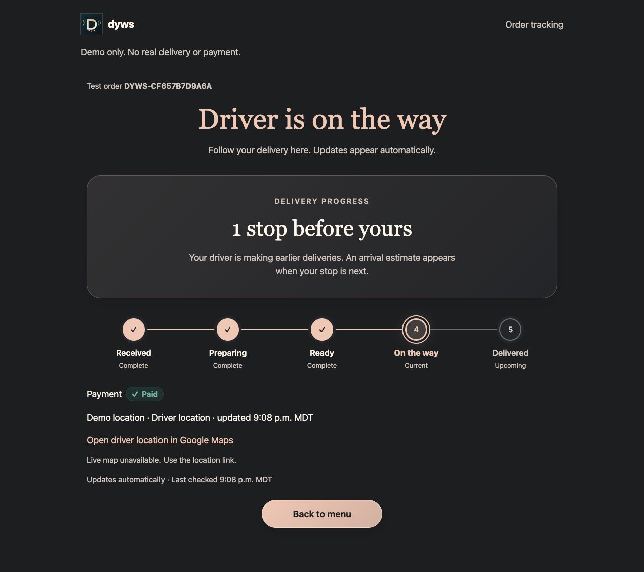 Customer tracking with one stop before their delivery and connected progress stages.