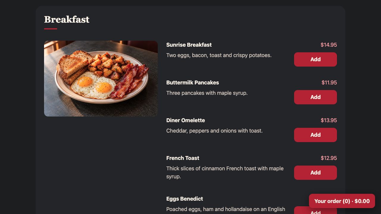 Breakfast category with item descriptions, prices and Add buttons.