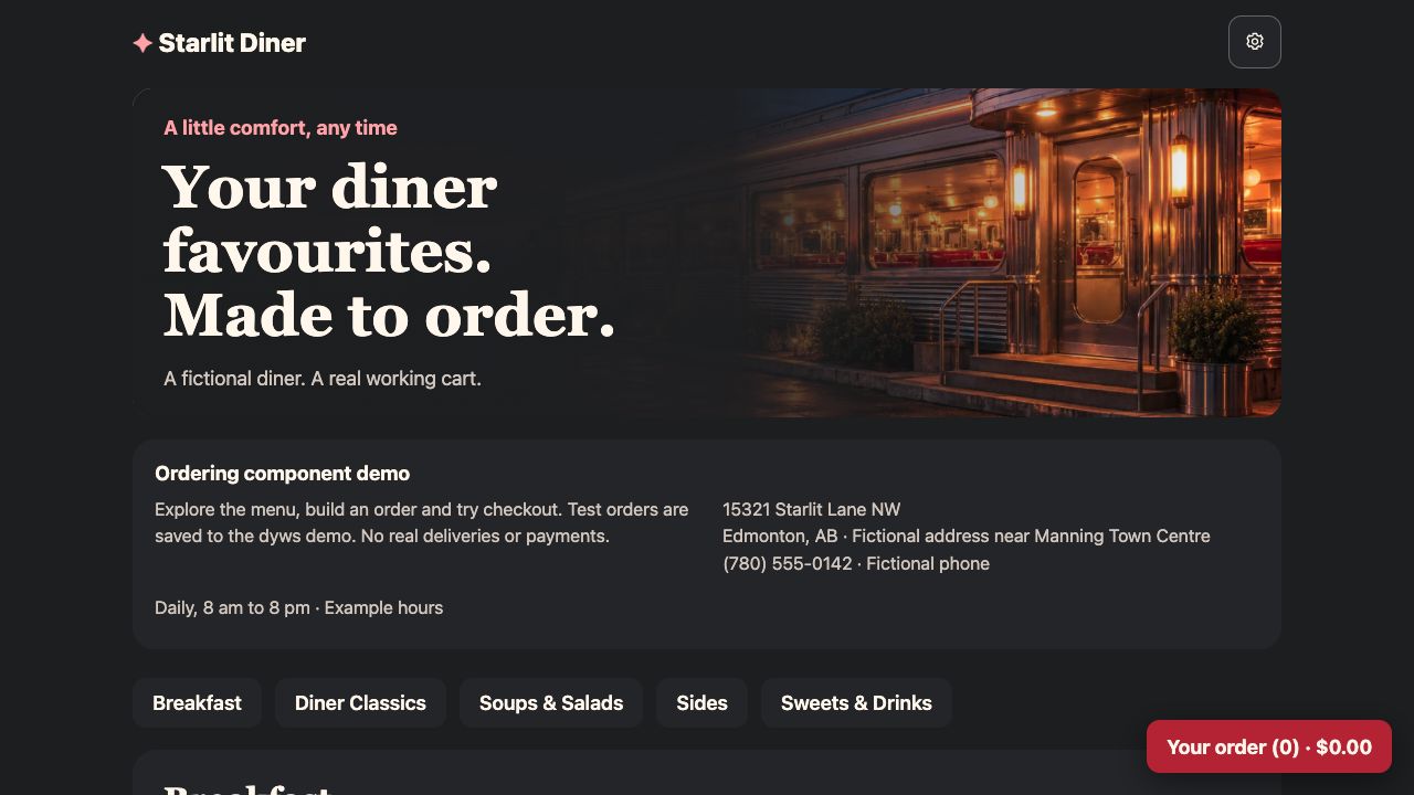 Starlit Diner, the fictional restaurant showing dyws ordering on a real website.