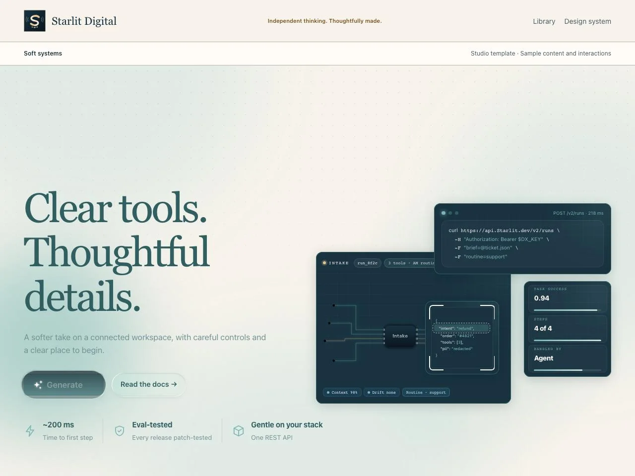 Soft systems template, with a cream and teal palette, generous serif headings and a split layout.