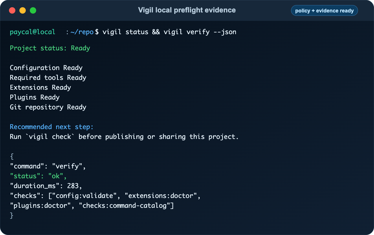 Vigil terminal showing ready project status and verify JSON evidence