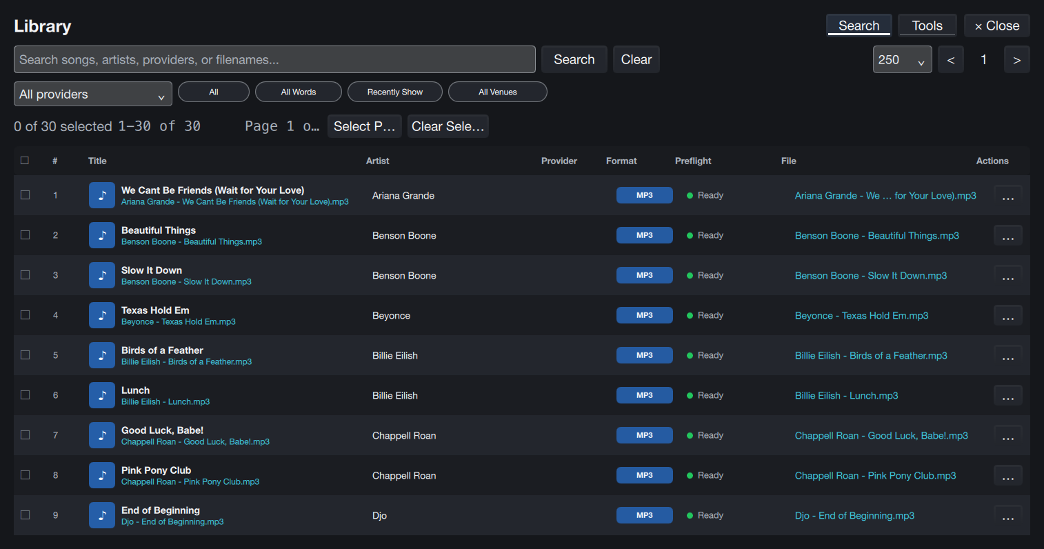 Voci Library showing contemporary song titles, artists, and provider search controls in the demo session.
