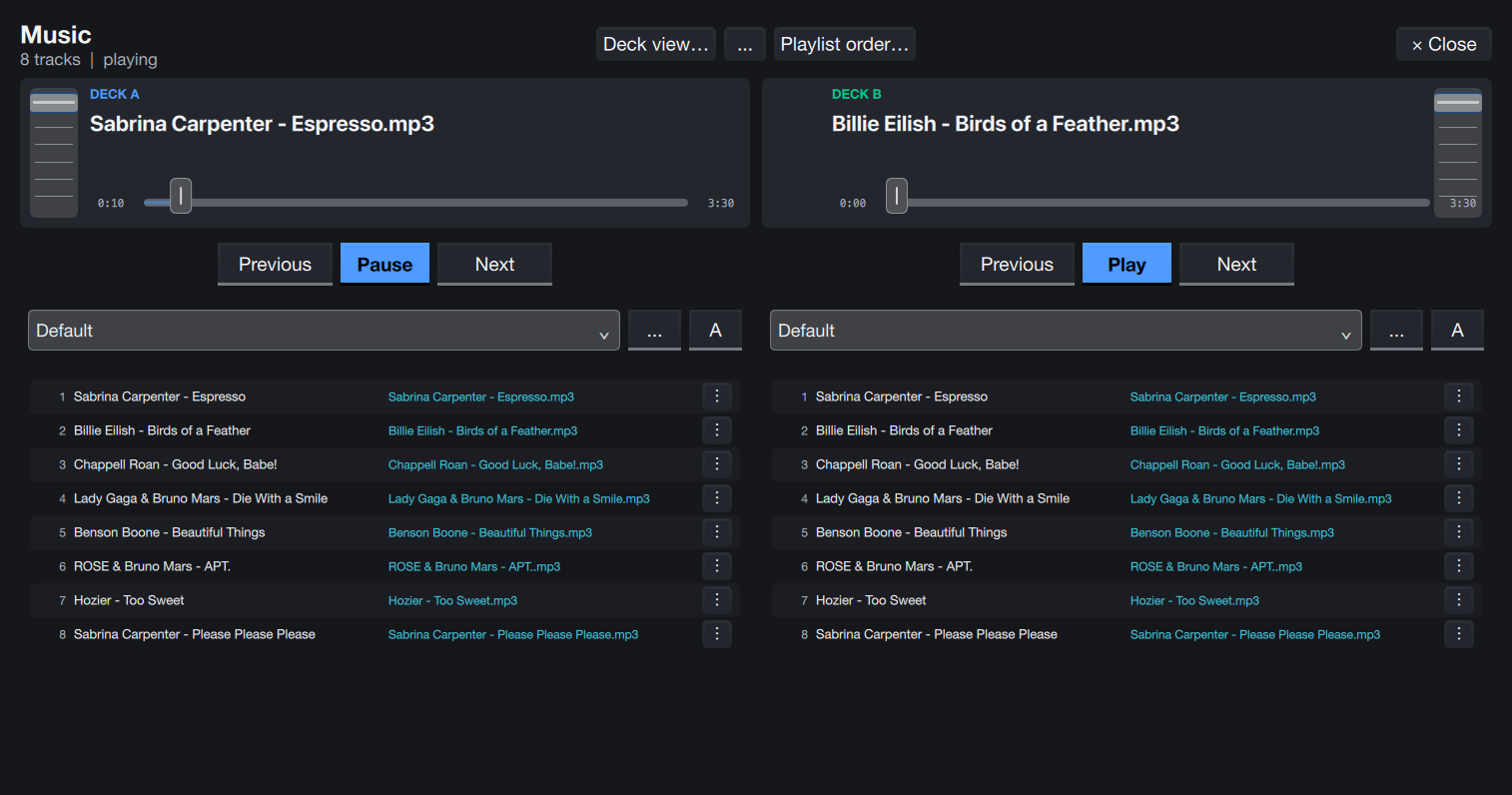 Voci Music window with independent A and B decks and a demo playlist of contemporary song titles.
