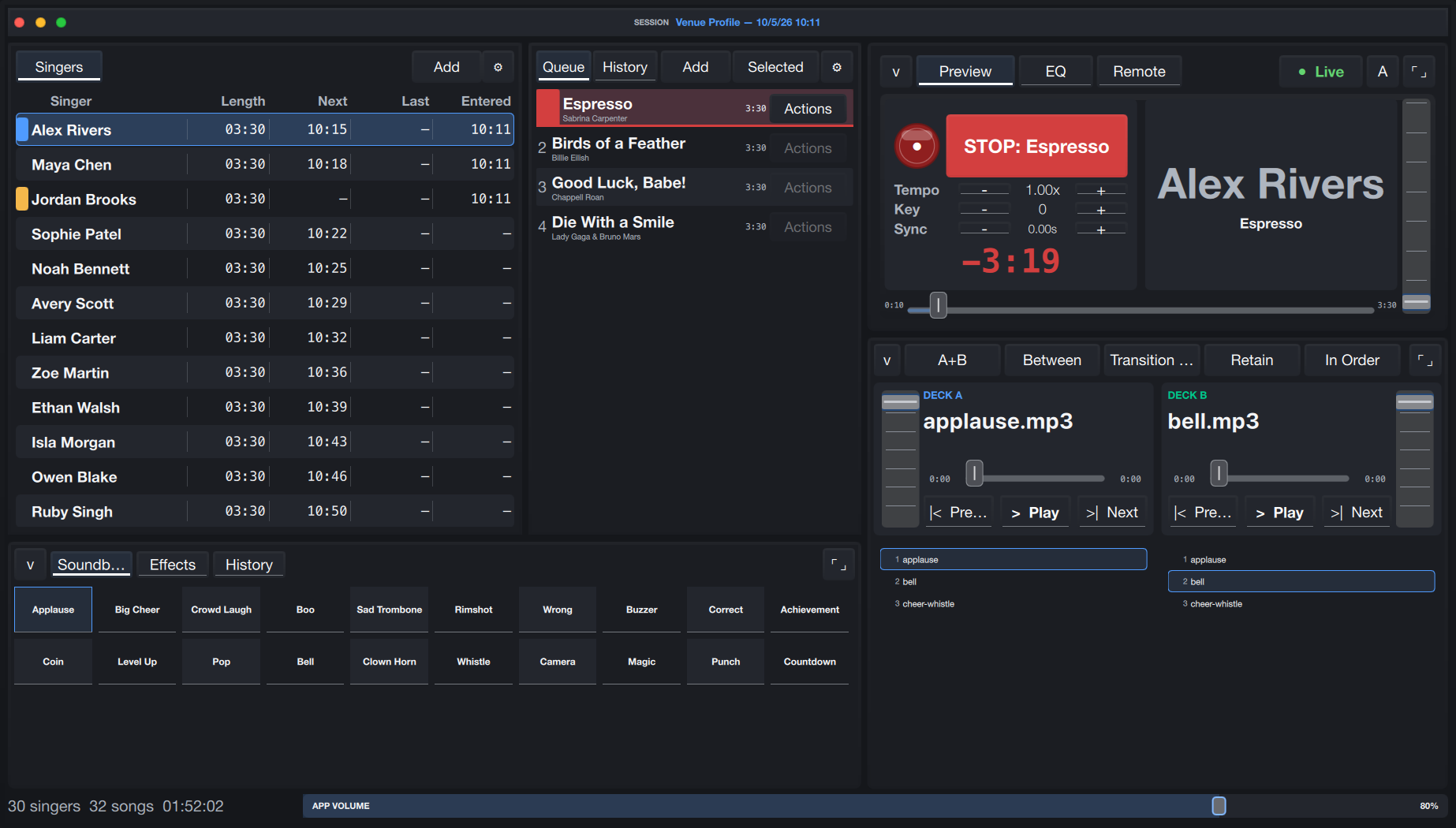 Actual Voci operator workspace showing fictional demo singers, their queues, and playback controls.
